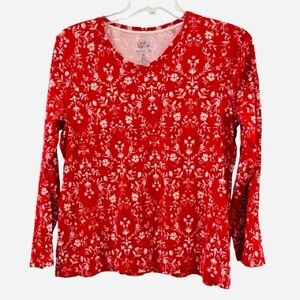 Classic Red and White Floral Long Sleeve Tee. 100% Cotton